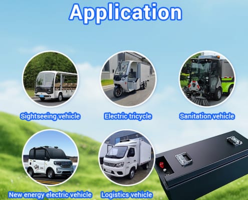 64V 100Ah lithium iron phosphate batteries are used in recreational vehicles, sightseeing vehicles, and sanitation vehicles.
