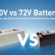 0V vs 72V battery comparison chart showing differences in power, range, and applications