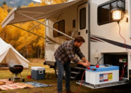 Customer using 12V LiFePO4 battery to power an RV campsite during outdoor camping