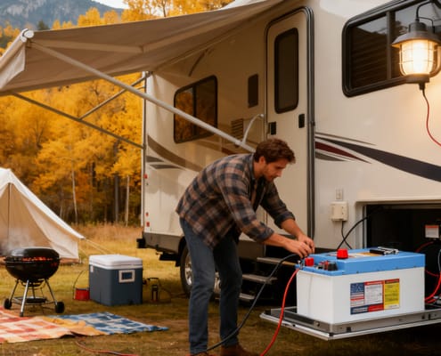Customer using 12V LiFePO4 battery to power an RV campsite during outdoor camping