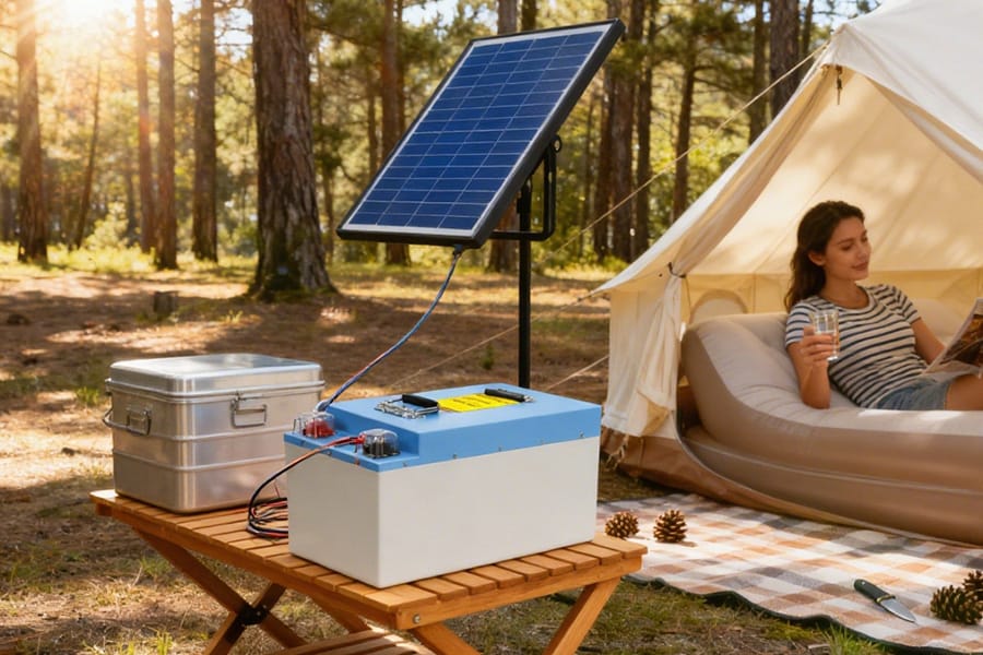 Solar panels charging a LiFePO4 battery during outdoor camping