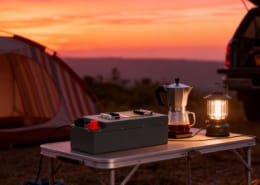LiFePO4 battery providing stable power outdoors on a table at dusk