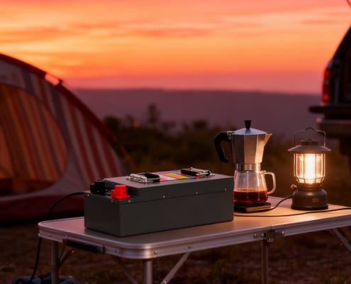 LiFePO4 battery providing stable power outdoors on a table at dusk