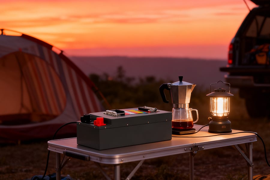 LiFePO4 battery providing stable power outdoors on a table at dusk