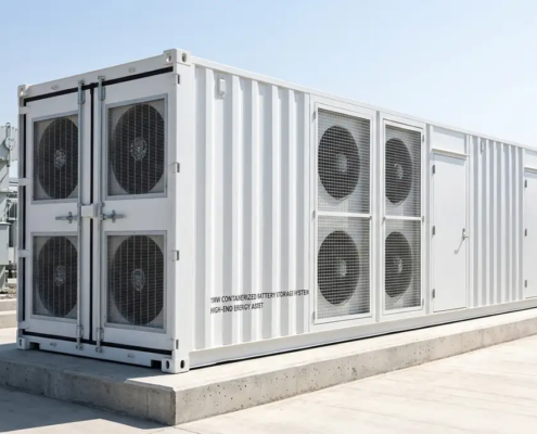erized battery storage system installed on a concrete pad, reflecting modern commercial 1mw battery storage cost trends.