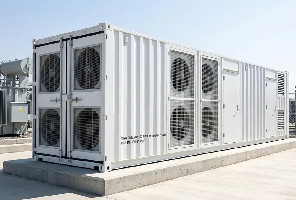 erized battery storage system installed on a concrete pad, reflecting modern commercial 1mw battery storage cost trends.