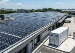 A commercial solar plus storage system featuring a 100kW BESS container next to a factory with rooftop solar panels in Europe