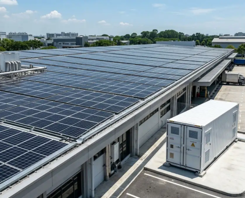 A commercial solar plus storage system featuring a 100kW BESS container next to a factory with rooftop solar panels in Europe