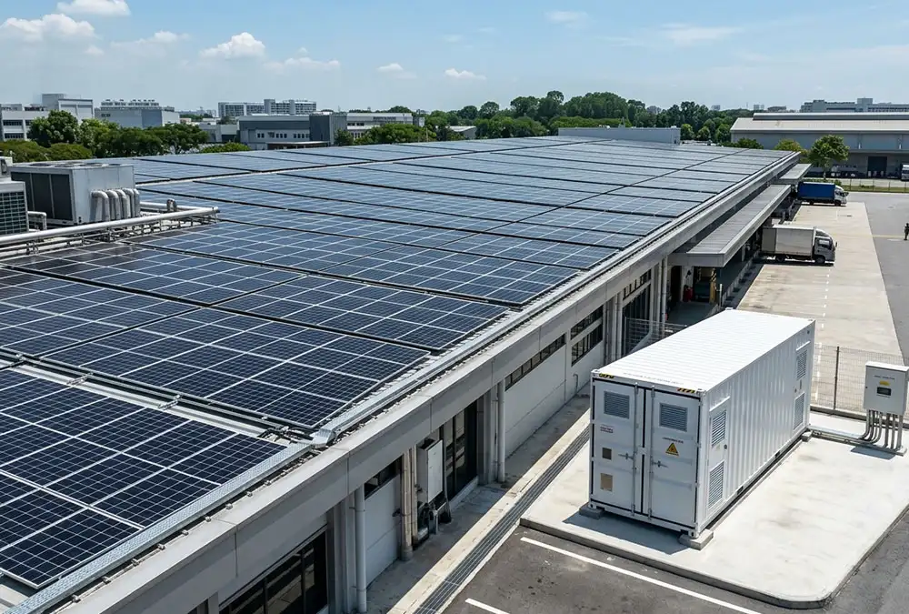 A commercial solar plus storage system featuring a 100kW BESS container next to a factory with rooftop solar panels in Europe