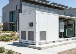 A modern outdoor container energy storage system enclosure with integrated HVAC cooling pathways installed on a concrete foundation pad.