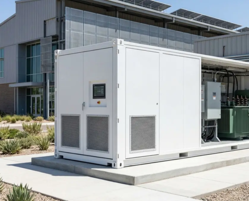 A modern outdoor container energy storage system enclosure with integrated HVAC cooling pathways installed on a concrete foundation pad.