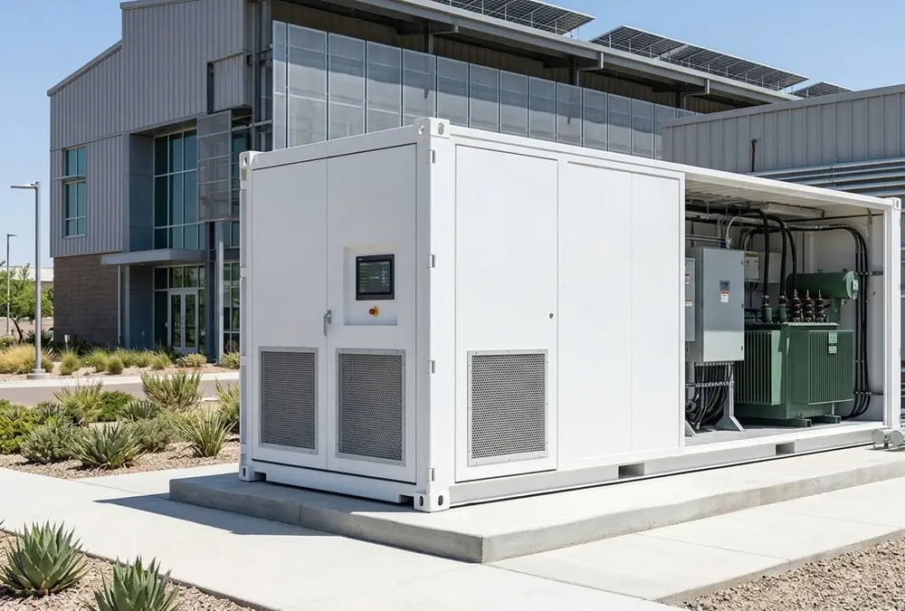 A modern outdoor container energy storage system enclosure with integrated HVAC cooling pathways installed on a concrete foundation pad.