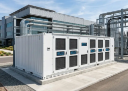 A UL 1973 certified commercial energy storage solution with liquid-cooled battery cabinets installed outdoors on a concrete platform.