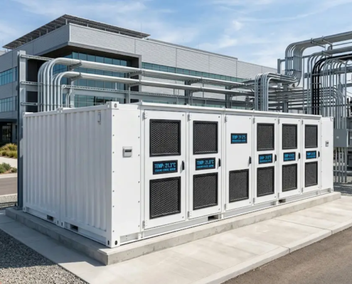 A UL 1973 certified commercial energy storage solution with liquid-cooled battery cabinets installed outdoors on a concrete platform.