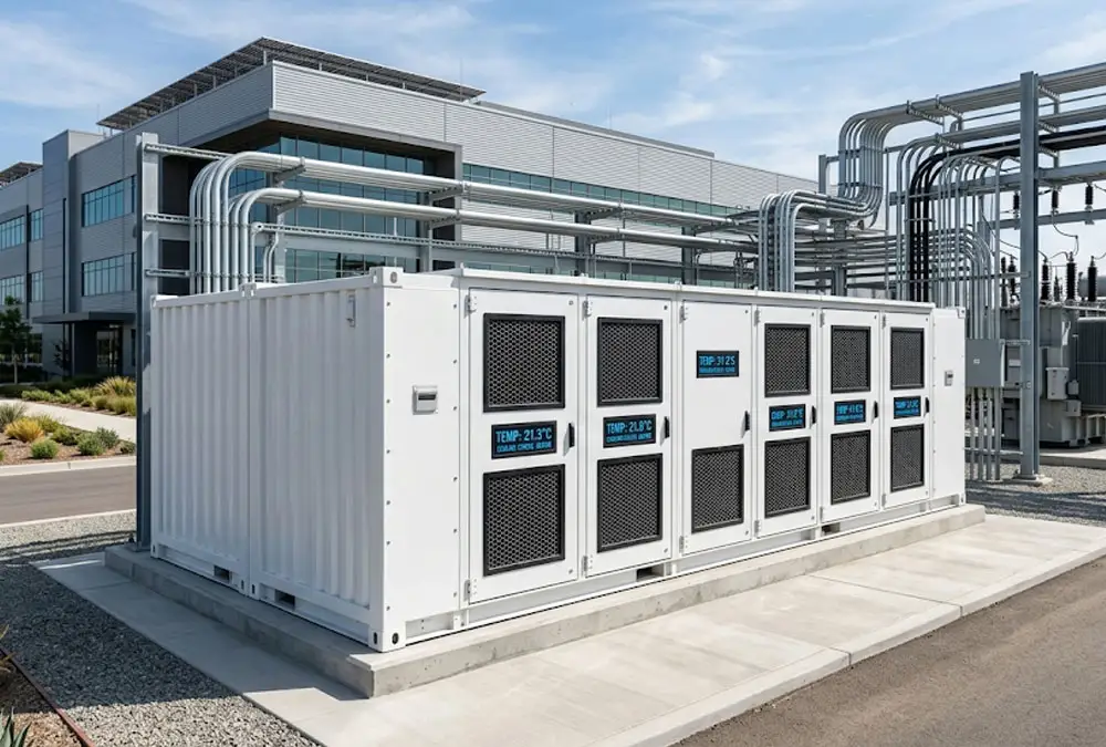 A UL 1973 certified commercial energy storage solution with liquid-cooled battery cabinets installed outdoors on a concrete platform.