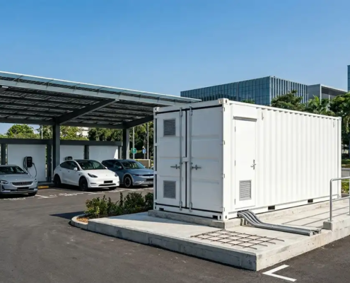 An outdoor containerized 1MW battery storage for EV charging stations installed on a concrete foundation pad.