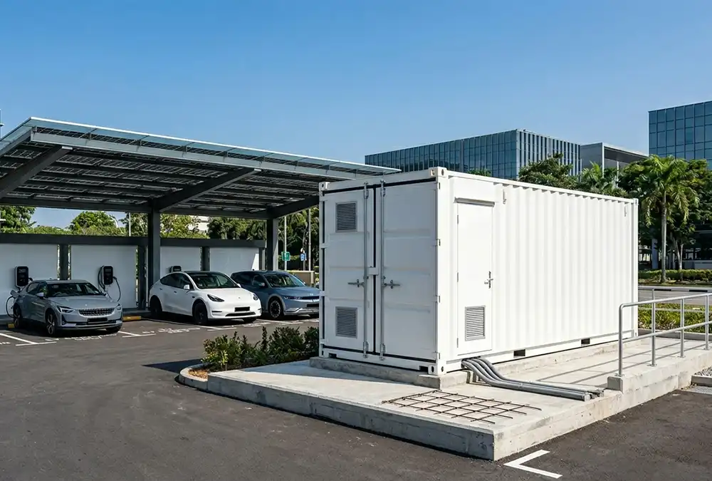 An outdoor containerized 1MW battery storage for EV charging stations installed on a concrete foundation pad.