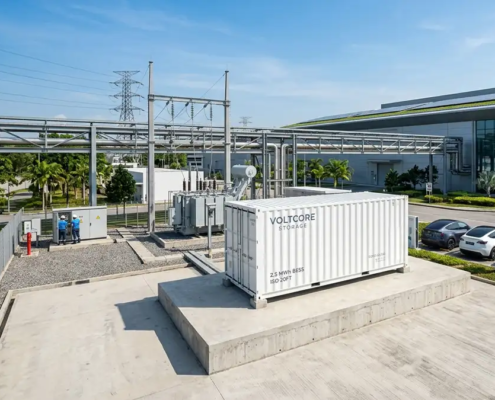 A turnkey 1MW battery storage for industrial manufacturing system installed outdoors on a concrete pad.