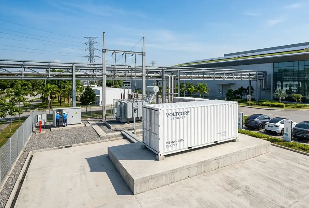 A turnkey 1MW battery storage for industrial manufacturing system installed outdoors on a concrete pad.