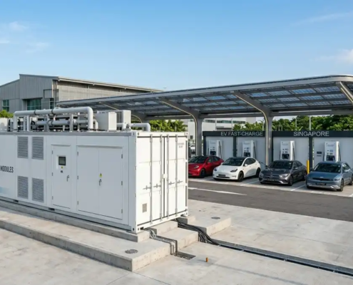An outdoor 1MW battery storage system enclosure integrated at an EV charging site.