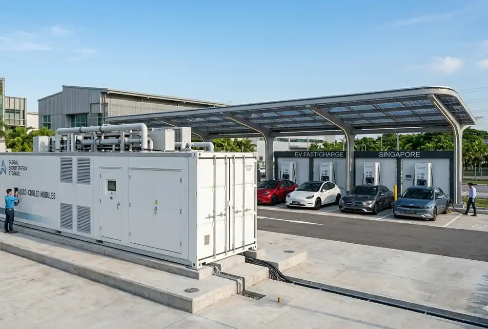 An outdoor 1MW battery storage system enclosure integrated at an EV charging site.