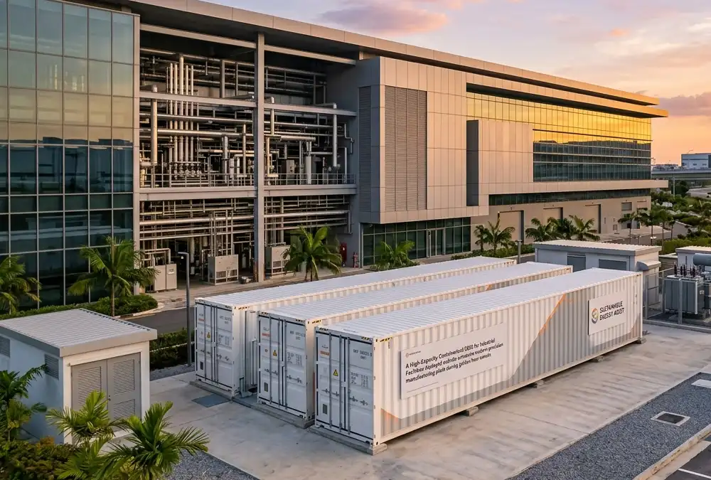 A containerized 1MW BESS for industrial facilities optimized for load management and factory power quality.