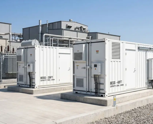 Side-by-side comparison of a 1MW and a 2MW battery storage system installed outdoors on a concrete foundation pad.