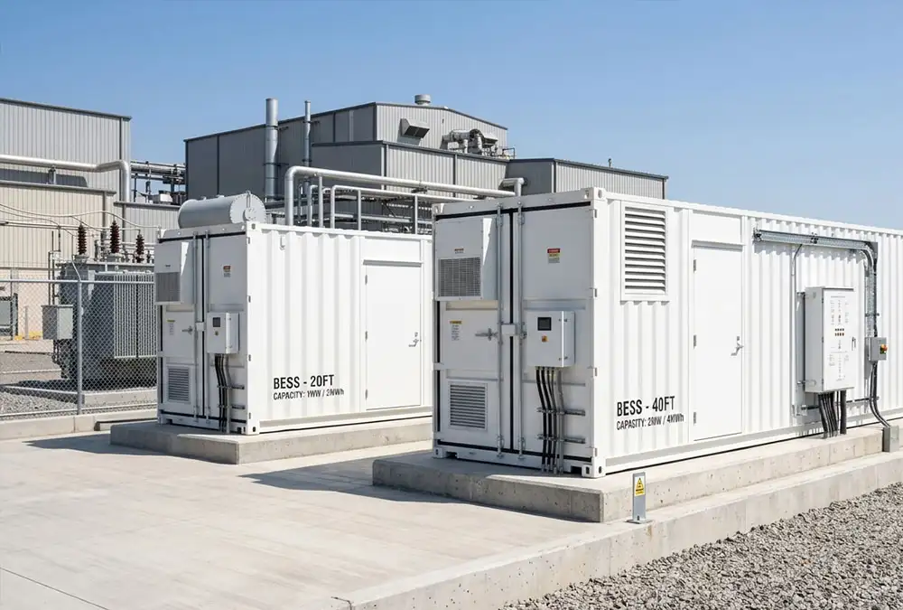 Side-by-side comparison of a 1MW and a 2MW battery storage system installed outdoors on a concrete foundation pad.