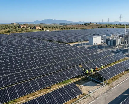 A massive European tracking ground array showing the utility scale solar epc cost efficiency of a large project.