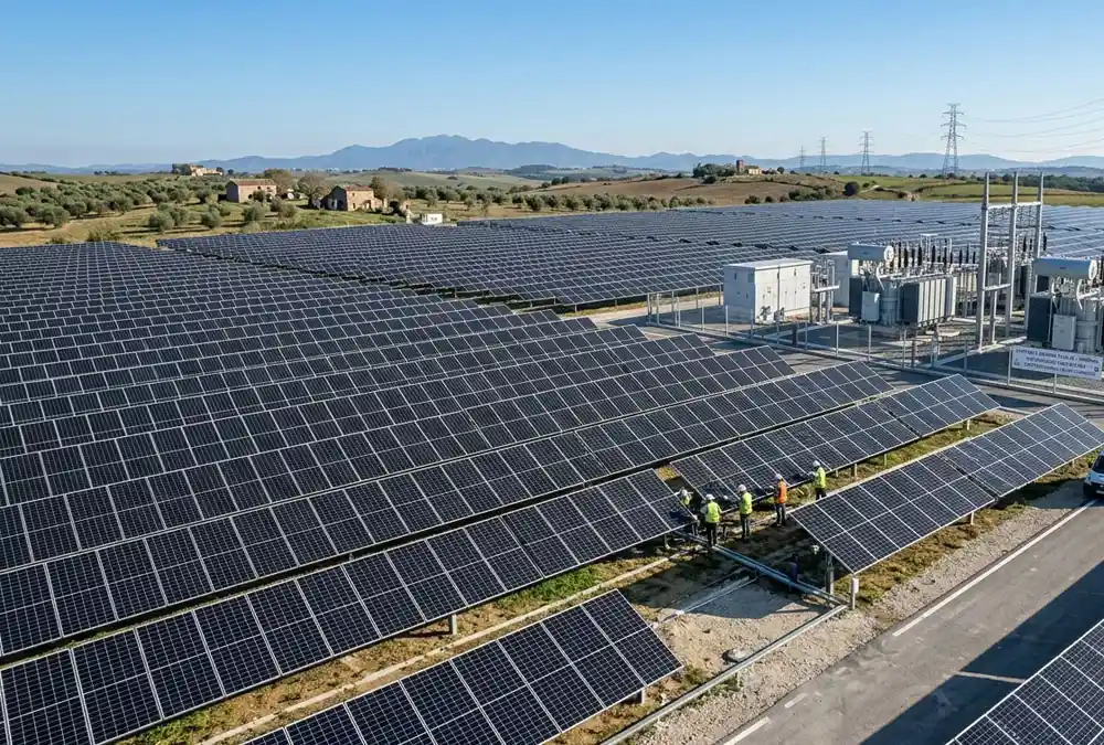 A massive European tracking ground array showing the utility scale solar epc cost efficiency of a large project.