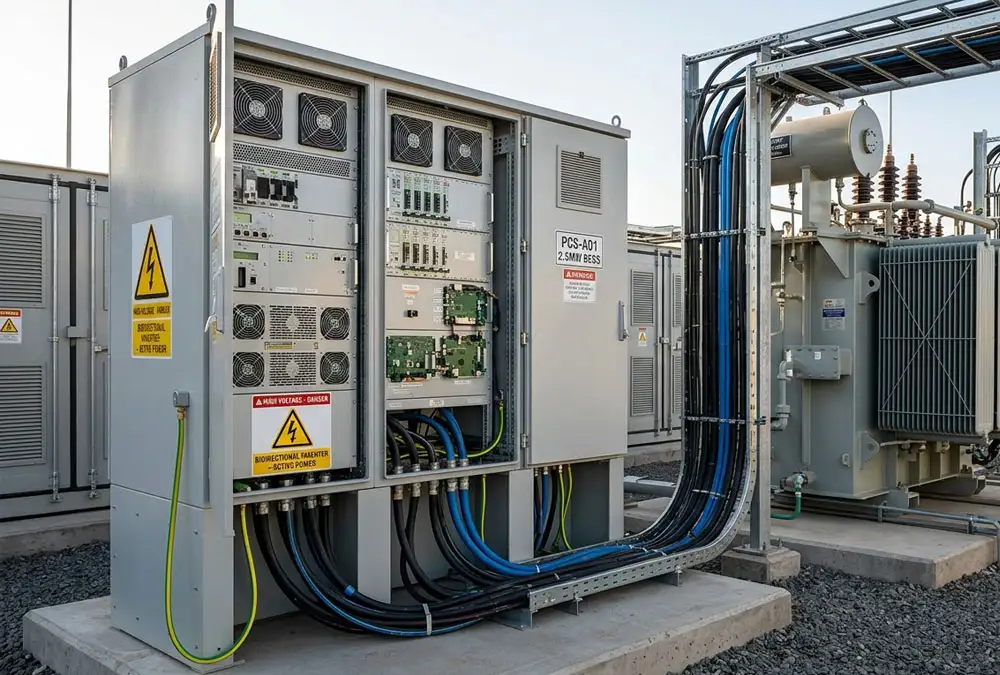 Detailed close-up of a high-capacity power conversion system (PCS) reflecting the industrial investment in a battery storage cost comparison.