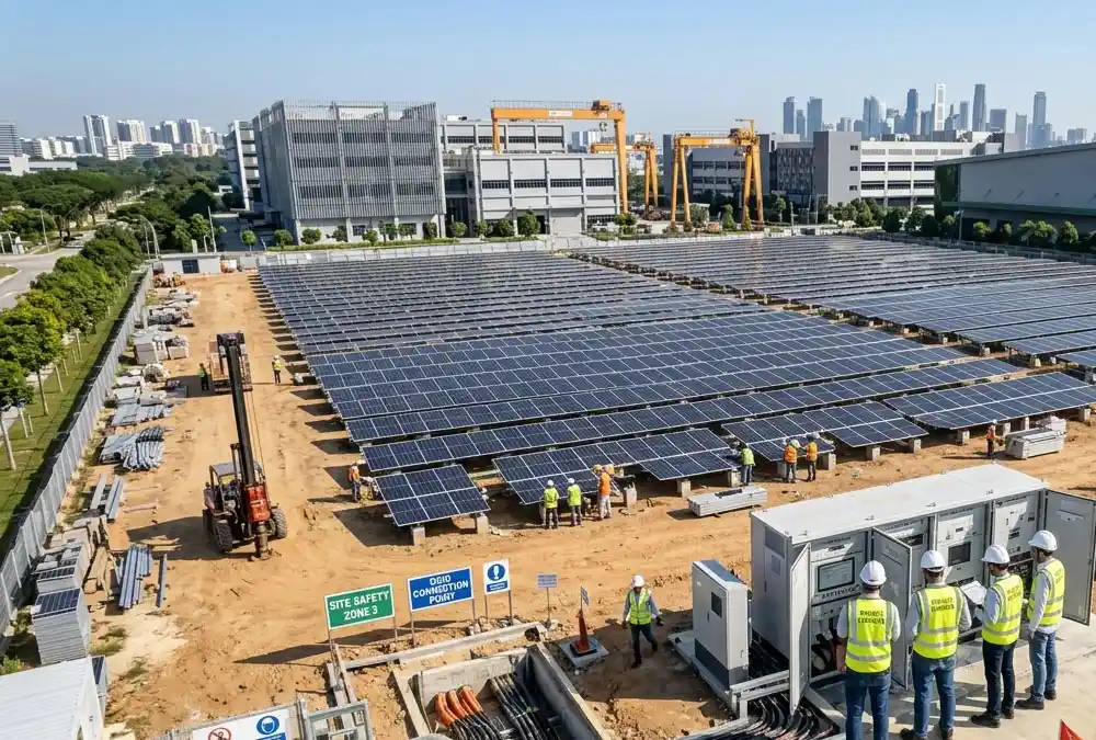 Professional engineering team executing a full-scale commercial and industrial solar installation for business premises.
