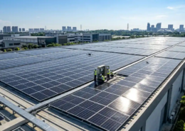 High-efficiency industrial solar panels installed on a flat roof for commercial rooftop solar systems.
