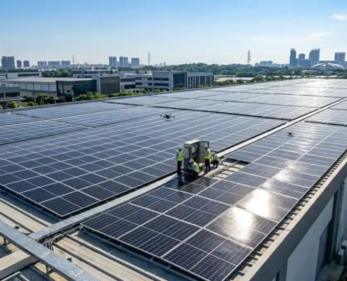 High-efficiency industrial solar panels installed on a flat roof for commercial rooftop solar systems.