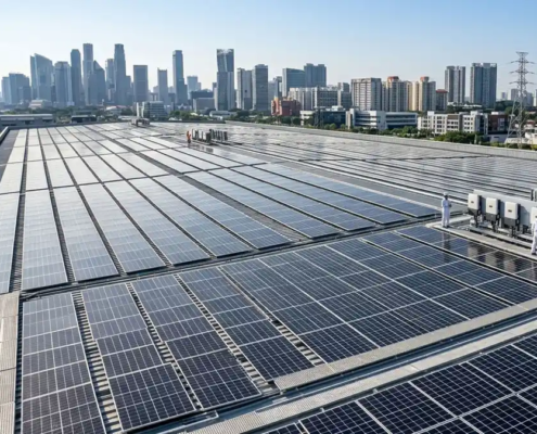 High-efficiency industrial solar panels installed on a flat roof for commercial rooftop solar systems.