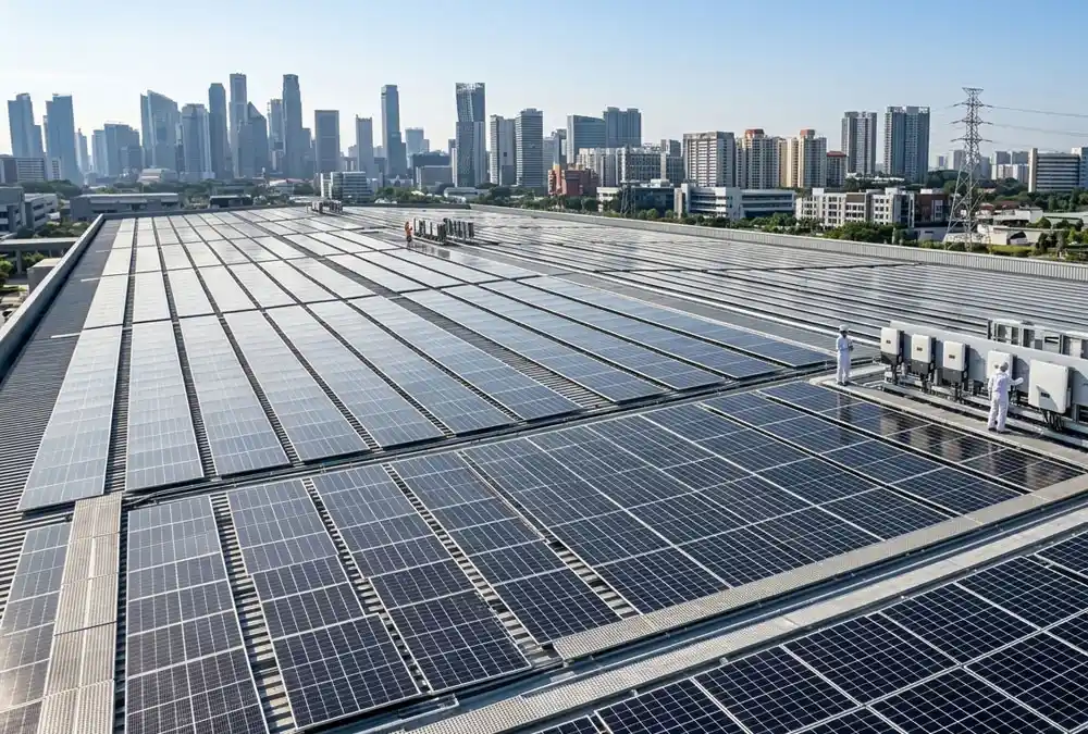 High-efficiency industrial solar panels installed on a flat roof for commercial rooftop solar systems.