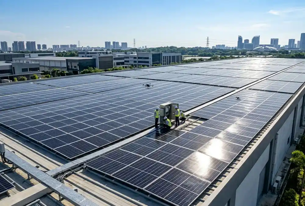 High-efficiency industrial solar panels installed on a flat roof for commercial rooftop solar systems.