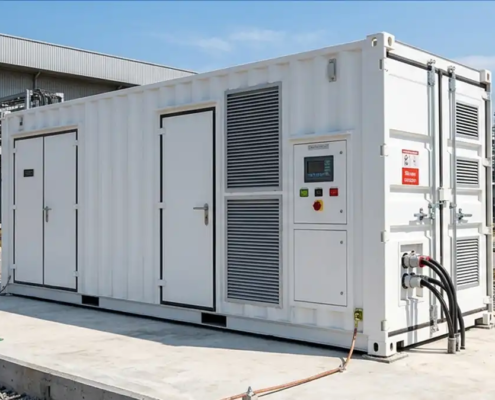 A premium white 20ft containerized 1MW battery storage solution installed outdoors on a reinforced concrete pad.