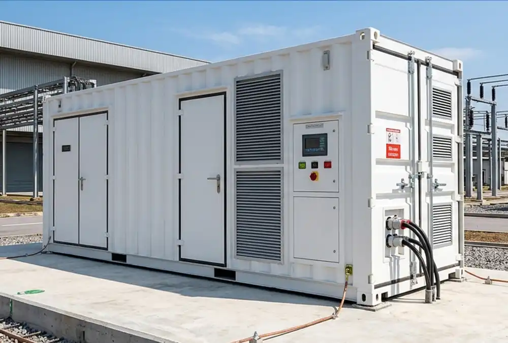 A premium white 20ft containerized 1MW battery storage solution installed outdoors on a reinforced concrete pad.