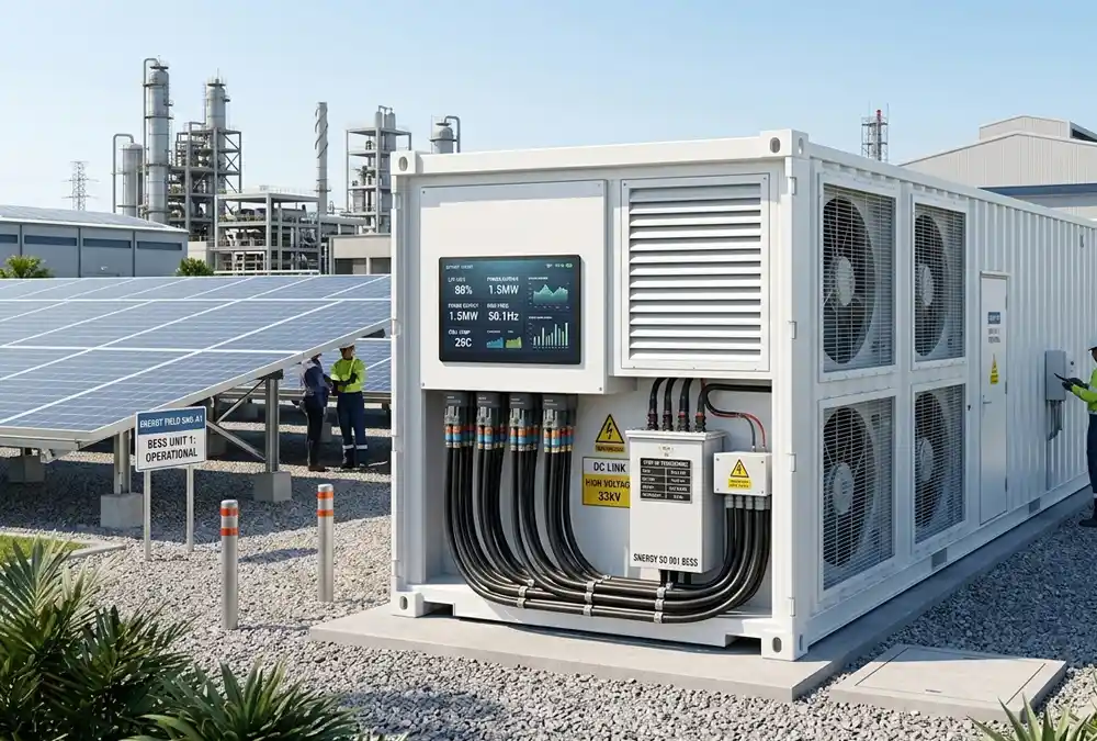A containerized all-in-one liquid cooled LFP energy storage system integrated with industrial battery energy storage assets.