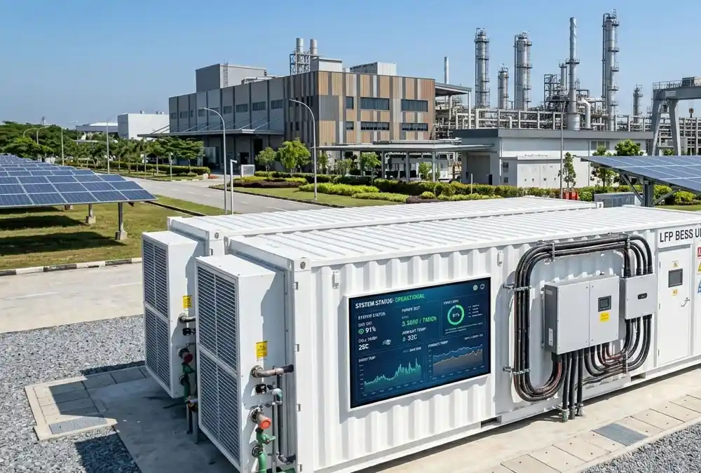 A containerized all-in-one liquid cooled LFP BESS asset integrated with industrial solar power solutions.
