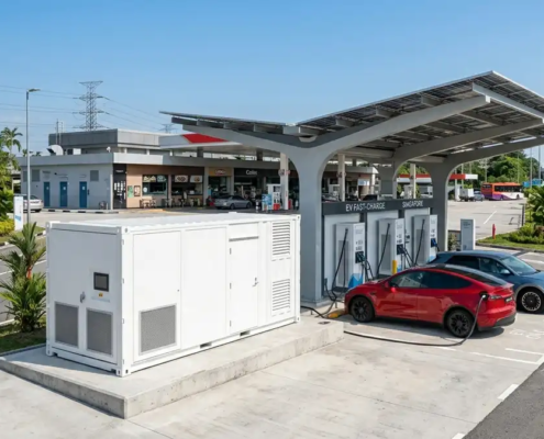 An outdoor battery energy storage for EV charging stations system integrated next to high-power dispensers.
