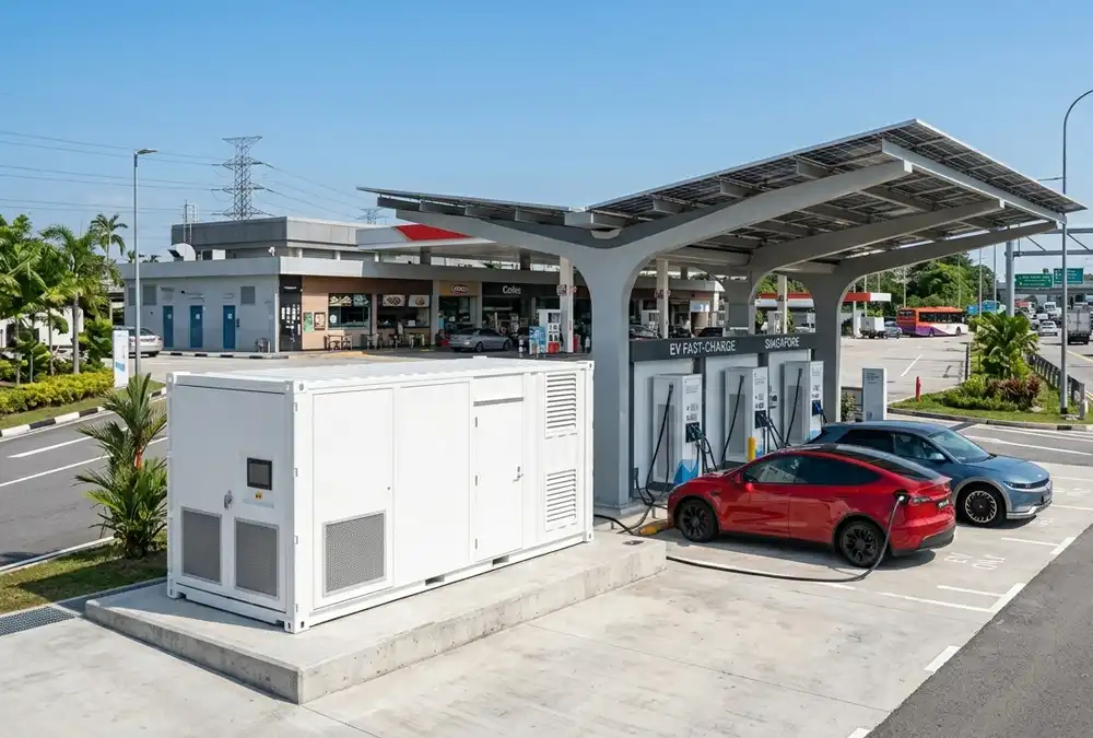 An outdoor battery energy storage for EV charging stations system integrated next to high-power dispensers.