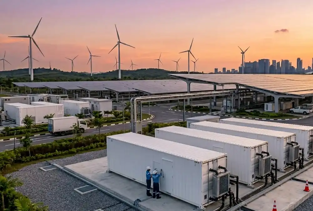 Integrated grid scale battery storage for renewable energy synchronization minimizing wind and solar curtailment.