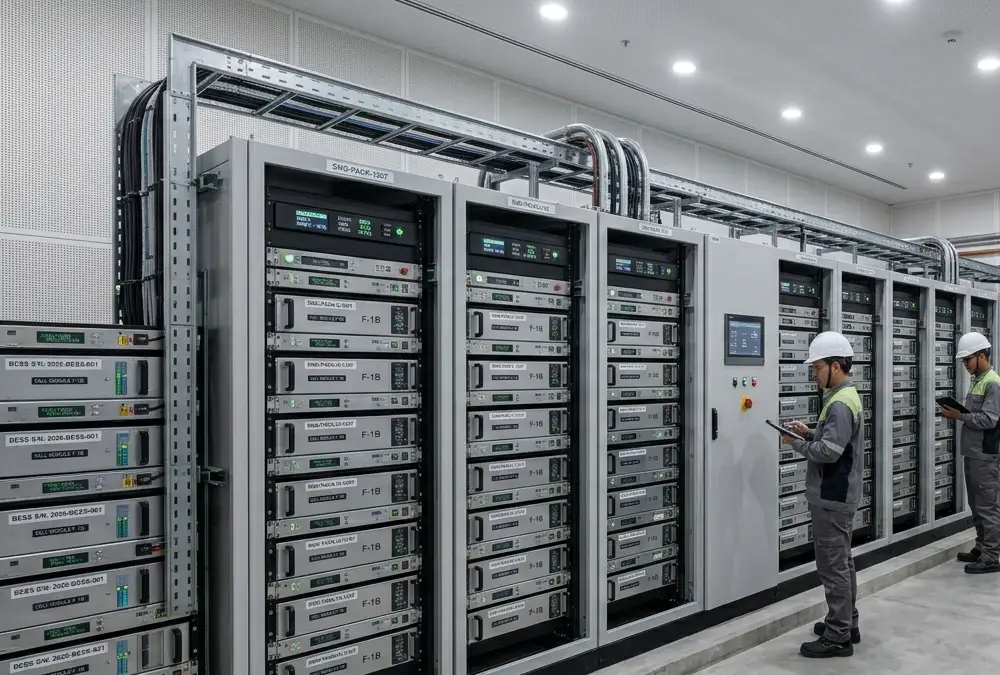 A high voltage battery storage system configuration utilizing rack mounted battery modules for efficient commercial battery storage.