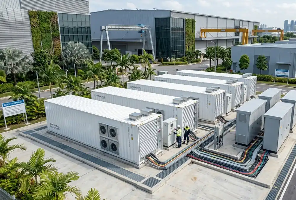 Containerized LFP battery energy storage systems integrated with a turnkey solar farm for smart load shifting.