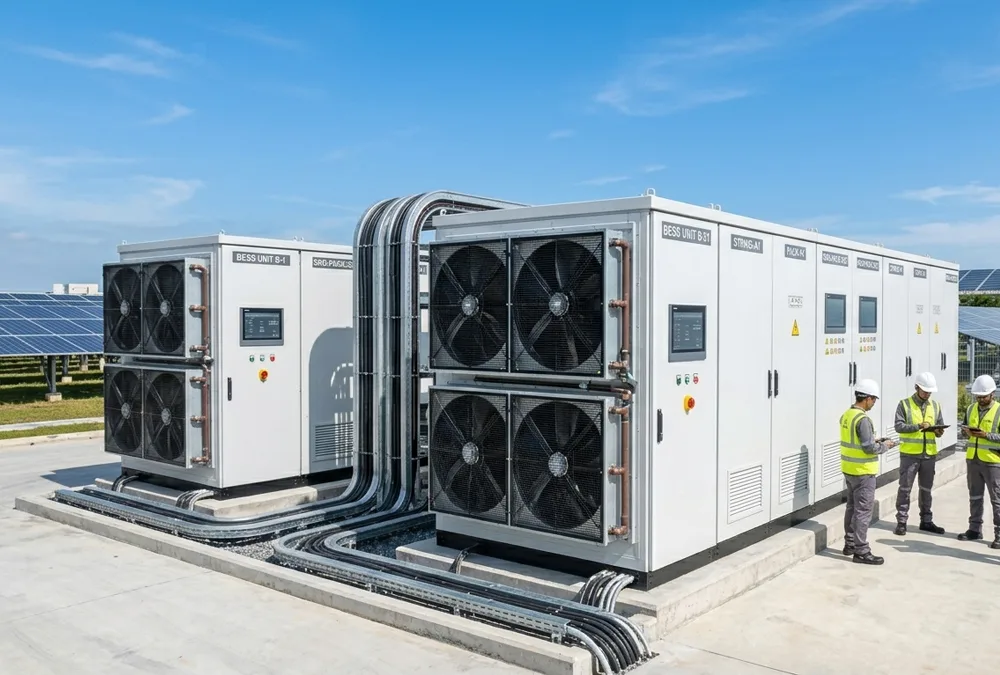 A containerized industrial battery storage infrastructure utilizing high-capacity LiFePO4 battery storage technology for maximum facility safety.