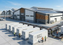 A heavy-duty containerized industrial bess installed alongside a modern manufacturing facility to reduce peak demand charges.
