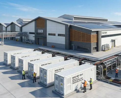 A heavy-duty containerized industrial bess installed alongside a modern manufacturing facility to reduce peak demand charges.