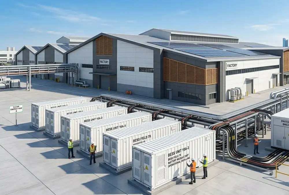 A heavy-duty containerized industrial bess installed alongside a modern manufacturing facility to reduce peak demand charges.